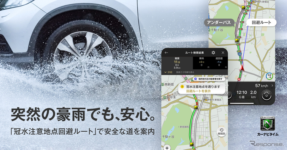 カーナビタイム 冠水注意地点回避ルート(イメージ)《写真提供:ナビタイムジャパン》