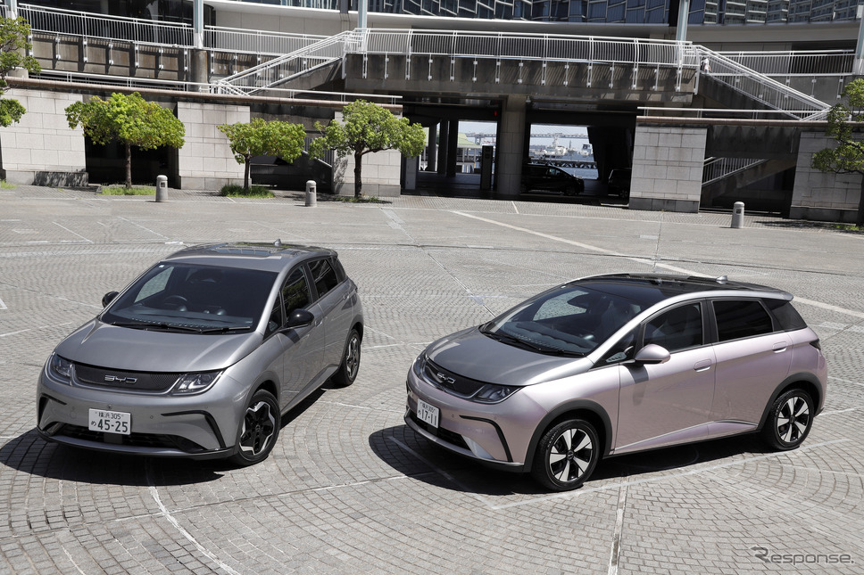 左:BYD ドルフィン(アーバングレー) 右:BYD ドルフィン ロングレンジ(コーラルピンク+アーバングレー)《写真撮影 小林岳夫》