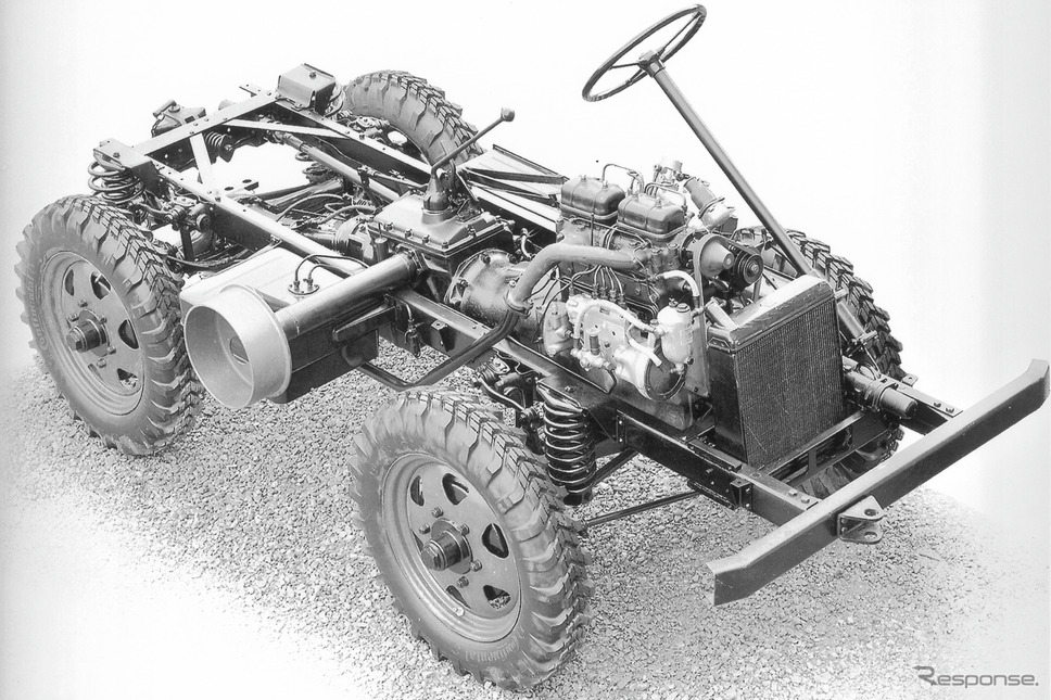 最初の量産ウニモグU25 / 70200のシャシー。エンジンはOM636ディーゼルエンジン、バルブカバーが分割されており、ベルトプーリーとラジエターの左側のPTOシャフトが見える《photo by Daimler Truck》