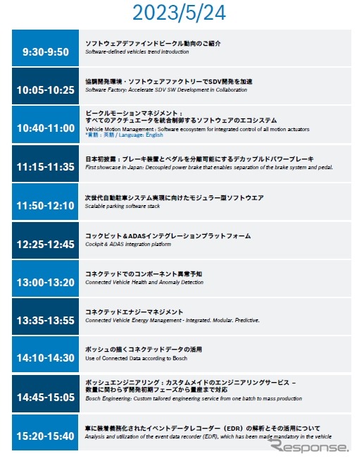 ボッシュ 5月24日プレゼンテーションスケジュール(人とくるまのテクノロジー展 2024 YOKOHAMA)《画像提供 ボッシュ》