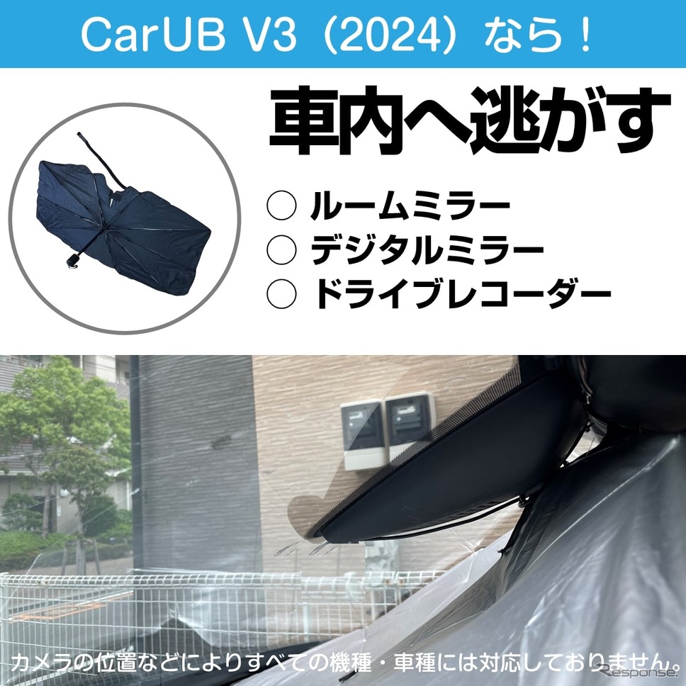 デジタルミラー・ドラレコ・車載カメラの熱対策に、新発想の折りたたみ傘式サンシェード「CarUB V3(2024)」が登場《画像提供 ミスターカード》