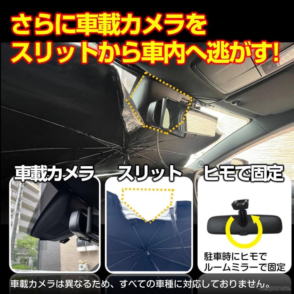 デジタルミラー・ドラレコ・車載カメラの熱対策に、新発想の折りたたみ傘式サンシェード「CarUB V3(2024)」が登場《画像提供 ミスターカード》