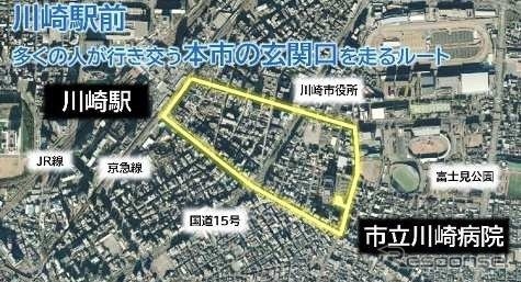 運行ルート川崎病院線：1日30万人以上が利用する川崎駅前を自動運転バスが走行《写真提供 川崎市》