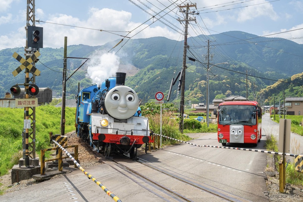 きかんしゃトーマス号(向かってひだり)とバスのバーティー (c) 2024 Gullane (Thomas) Limited.《写真提供 大井川鐵道》