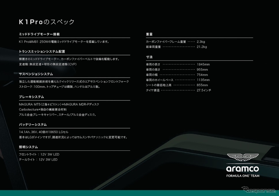 アストンマーティンのE-BIKE『K1 Pro』《画像提供 ボンズコミュニケーション》