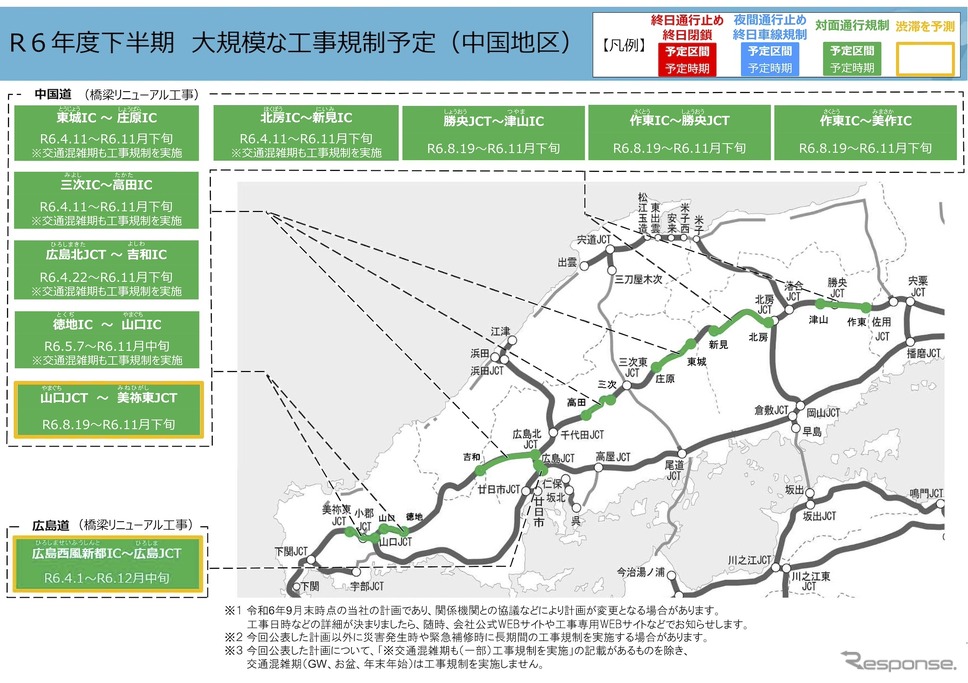 NEXCO西日本の大規模な工事規制予定、2024年度下半期《画像提供 NEXCO西日本》