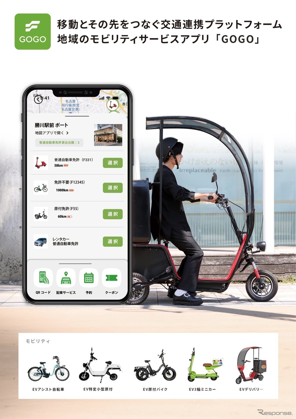 モビリティサービスアプリ「GOGO」に通信連携可能な多様なFuture Mobility《写真提供 フューチャーモビリティ》