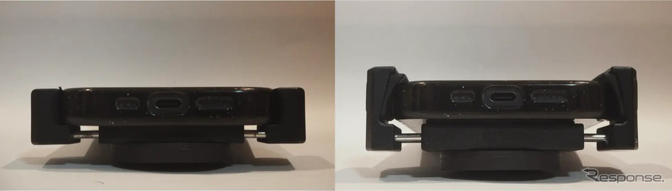 左:FreakMount(従来品)、右:FREAKMOUNT2.0(モデルチェンジ)一般的なシリコンケースを装着したiPhone15 ProをFREAKMOUNTでホールド《写真提供 フォーティーントレーディング》