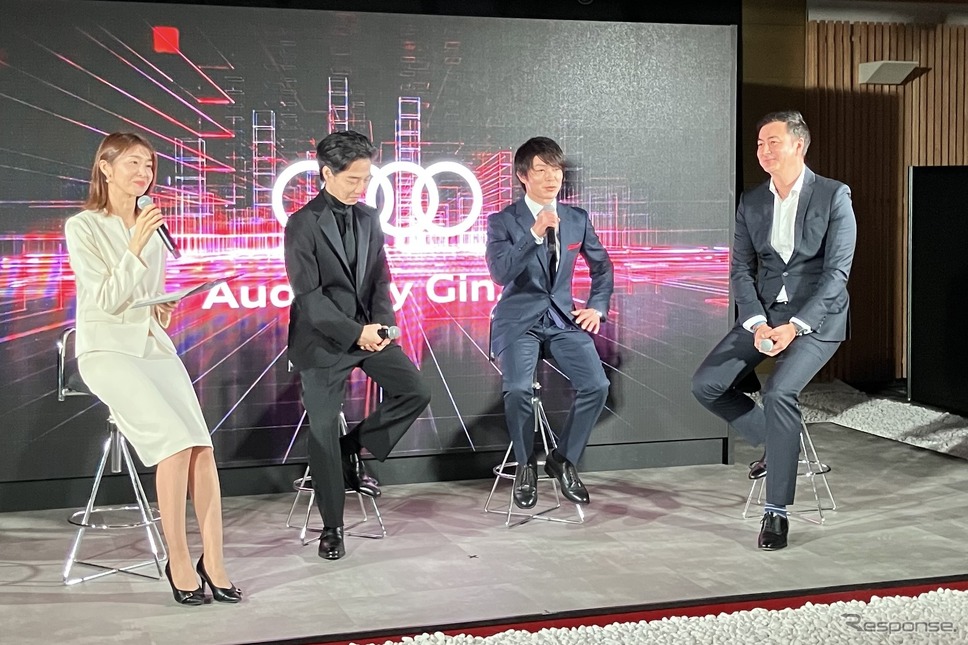 向かって右からシェーパース社長、内村航平、片岡千之助、司会《写真撮影 高木啓》