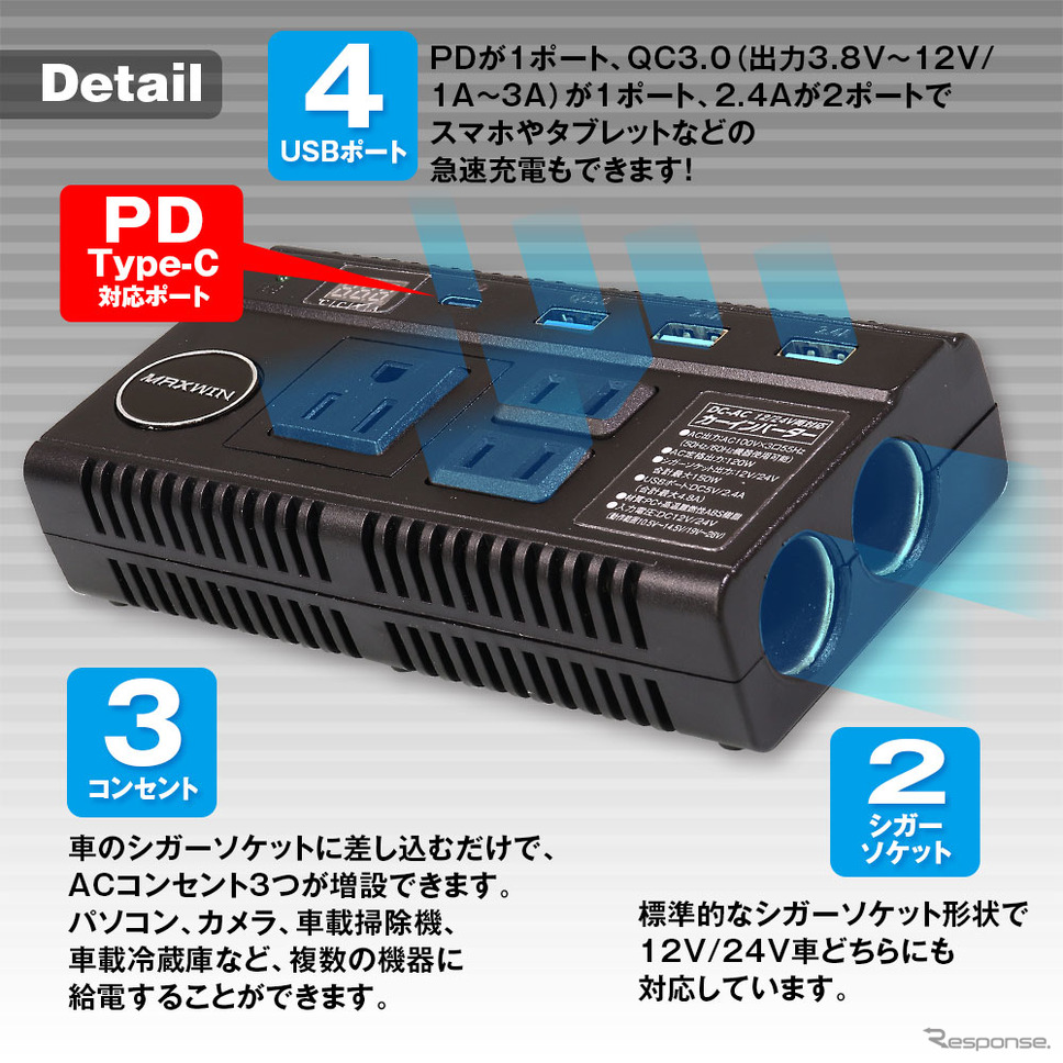 クルマにAC100VコンセントやUSBポートを増設、MAXWINが9口同時給電可能なカーインバーターを発売《写真提供 昌騰》
