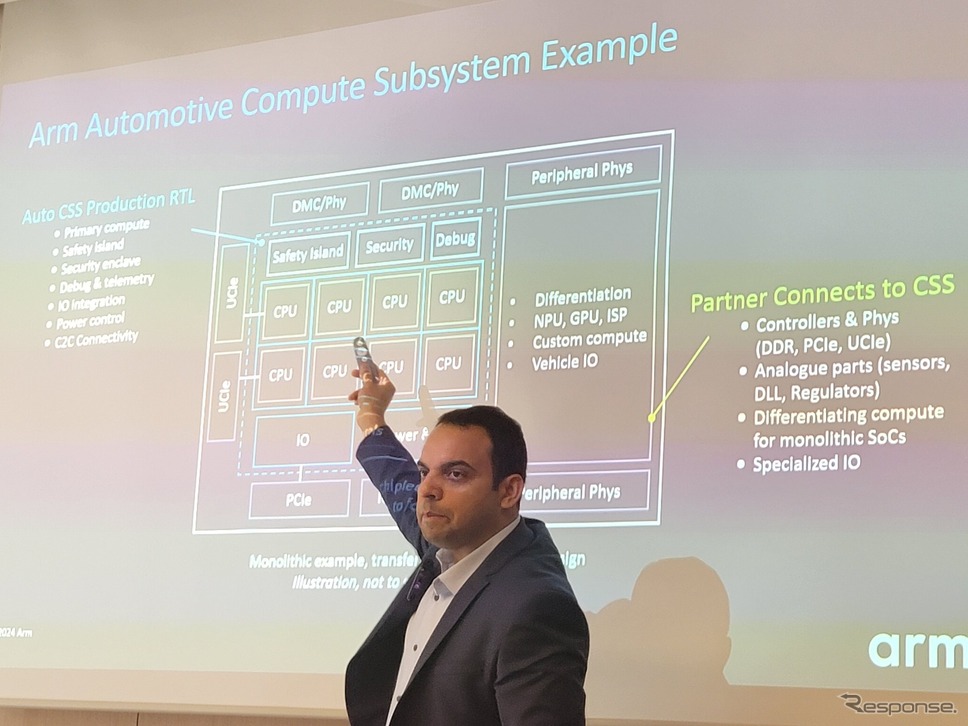 オートモーティブ向けのArm CSS(Compute Sub System)を発表するスラジ・ガジェンド バイスプレジデント《写真撮影 根岸智幸》