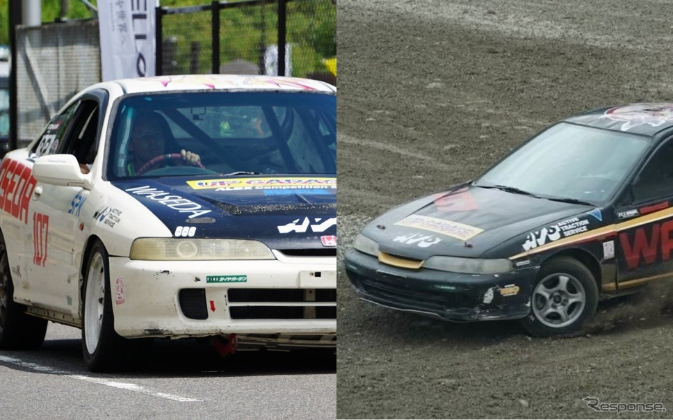 早稲田大学自動車部競技車両のDC2インテグラ(左:ジムカーナ、右ダートトライアル)《写真提供 早稲田大学自動車部》