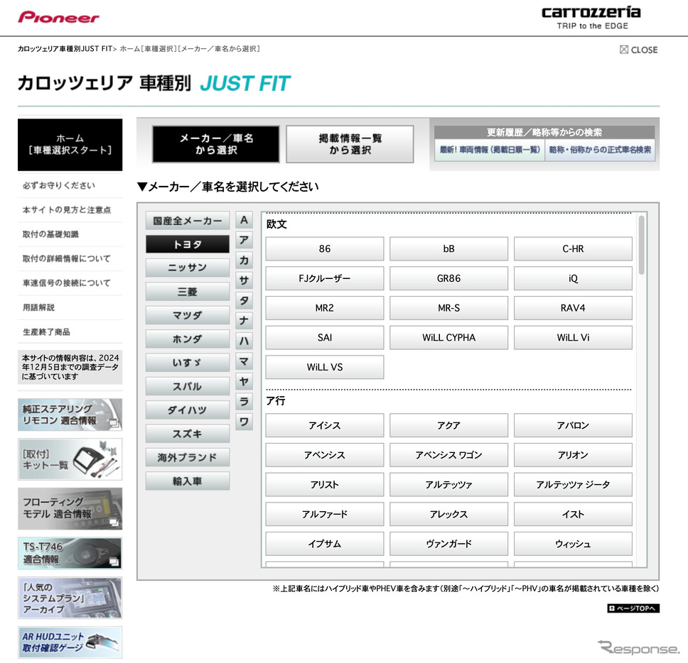 カースピーカーを扱う各社は車種別フィッティングガイドを用意している場合が多い。画像はcarrozzeriaの車種別フィッティングガイド