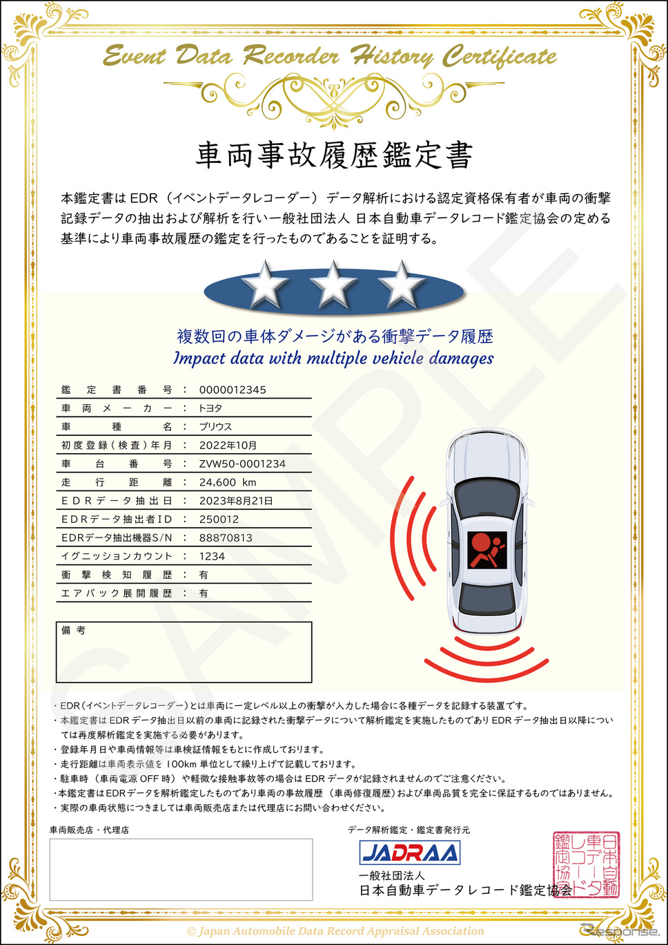 EDR活用の中古車事故履歴鑑定サービス《写真提供 日本自動車データレコード鑑定協会》