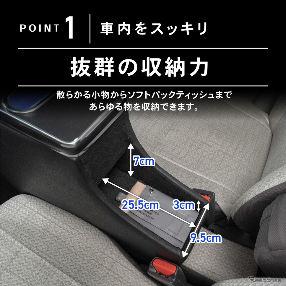 シートの隙間に入れ込むだけで収納と電源をカンタンに増設、クラフトワークスから『デリカミニ』系列車専用コンソールボックス登場《写真提供 Fun Standard》