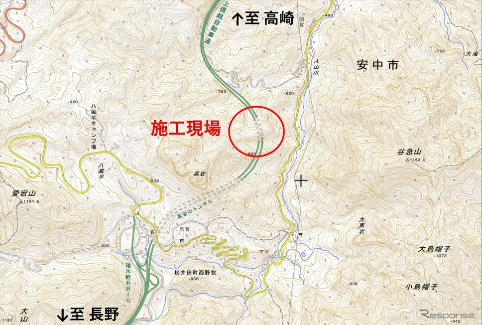 概略施工現場。地理院地図をもとに東日本高速道路(株)が加工《画像提供 NEXCO東日本》