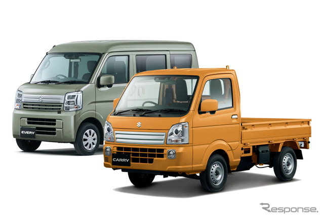 スズキの軽トラック『キャリイ』と軽四輪車『エブリイ』に初採用となった新色「ツールオレンジ」と「アイビーグリーン」《写真提供 スズキ》